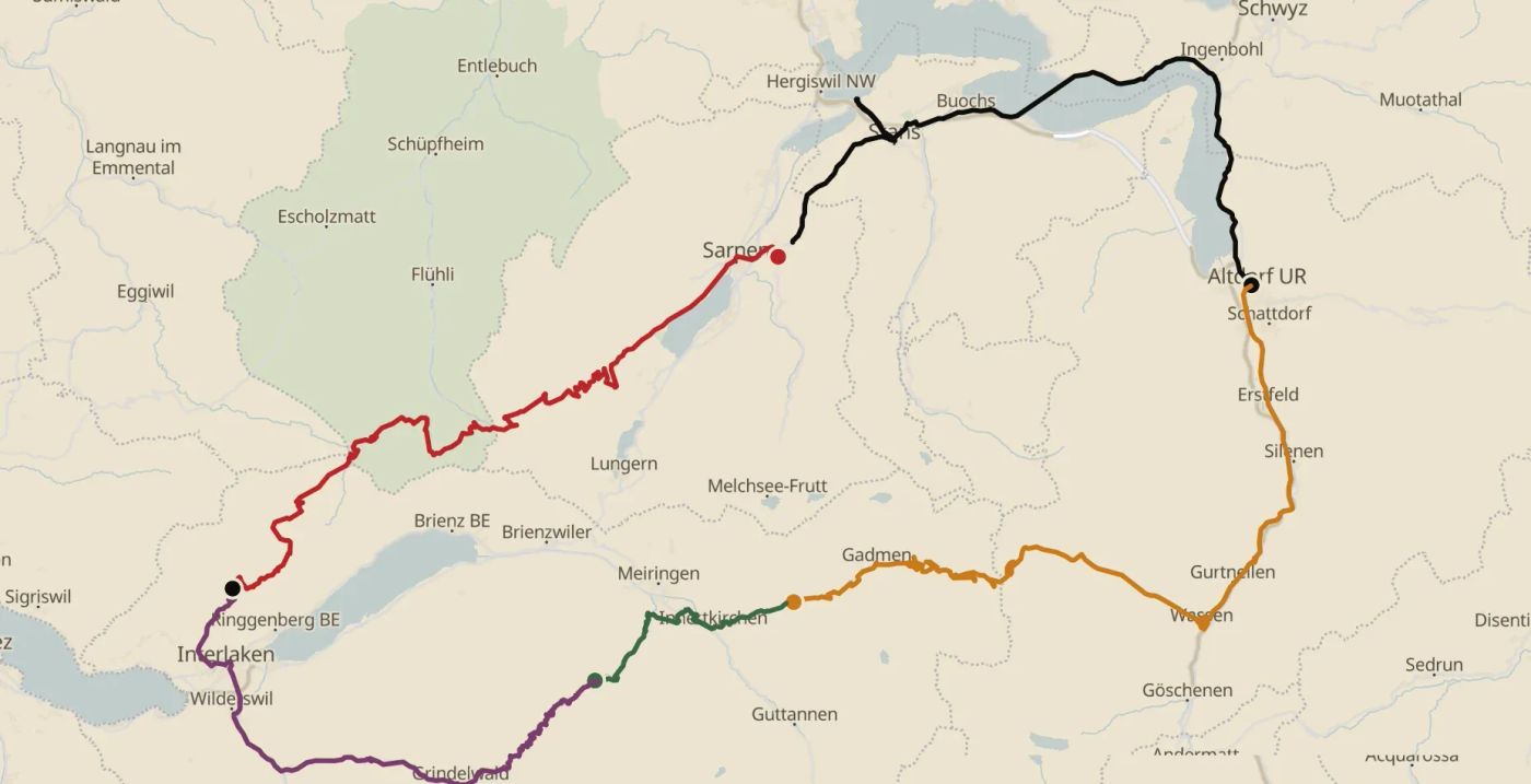 Map of the 4-day cycling loop in Switzerland: the full multi-colour route from Interlaken to Altdorf and back.