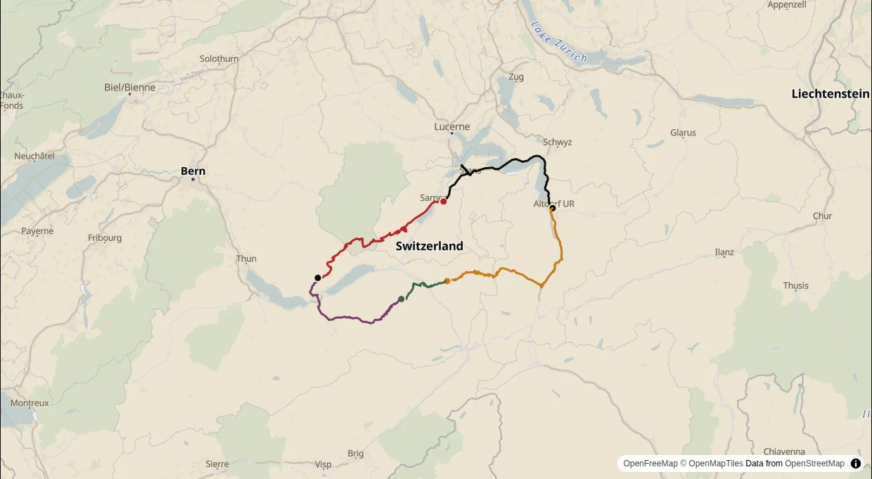 Map of the 4-day cycling loop in Switzerland: the full multi-colour route from Interlaken to Altdorf and back.